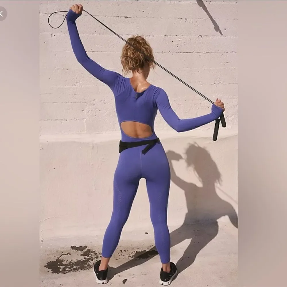Free People Good Karma Long Sleeve Onesie Jumpsuit Blue Purple XS/S